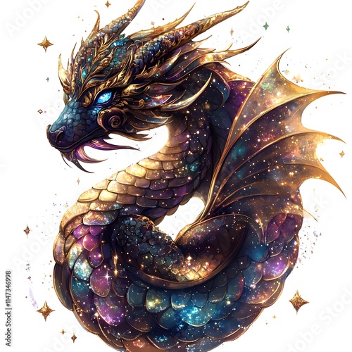 Majestic Fantasy Dragon Surrounded by Stars and Sparkles, Featuring Vibrant Colors and Intricate Scale Patterns, Ideal for Mythical Artwork and Fantasy Illustrations photo