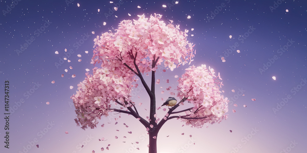 Obraz premium Serene Pink Blossom Tree Bird Falling Petals Spring Nature