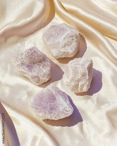 Raw lepidolite crystals displayed on soft silk nature's gemstones serene environment close-up view mineral beauty