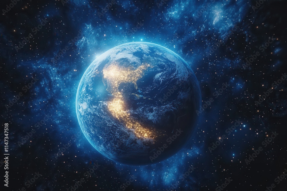 A vibrant depiction of Earth illuminated against a cosmic backdrop. A vibrant depiction of Earth illuminated against a cosmic backdrop.