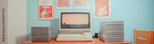 nostalgic 90s bedroom featuring vintage computer, stacked CDs, and iconic posters on wall. warm colors evoke sense of comfort and reminiscence