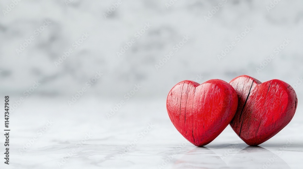 Fototapeta premium Two red wooden hearts standing side by side on a white marble surface with copy space.