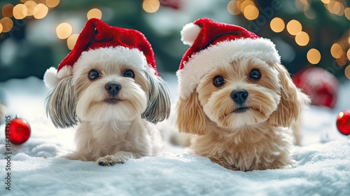 Cute dogs in a New Year setting, representing the joy and celebration of the New Year with playful pets wearing festive attire, capturing the lighthearted spirit of holidaycheer  photo