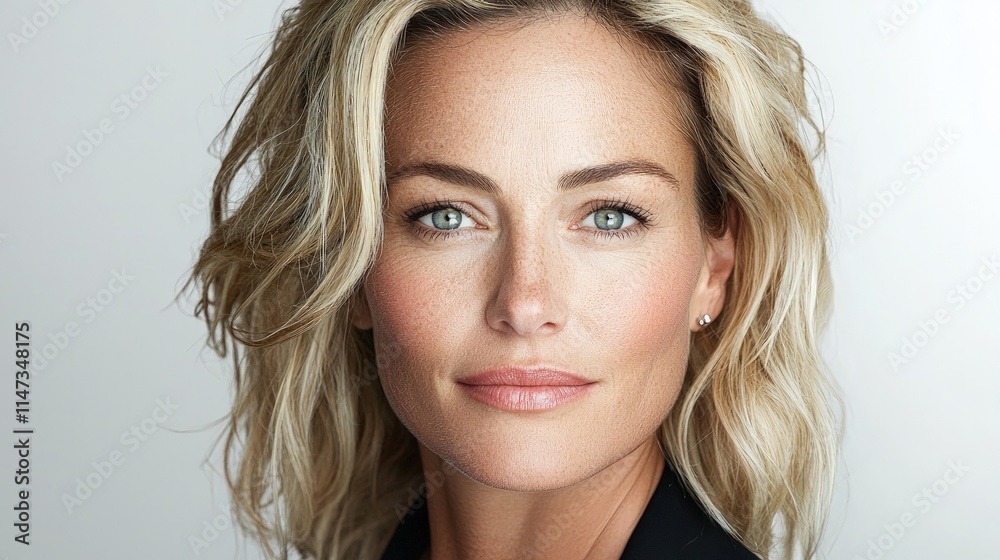 Close-up portrait of a beautiful blonde woman with wavy hair and subtle makeup. Close-up portrait of a beautiful blonde woman with wavy hair and subtle makeup.