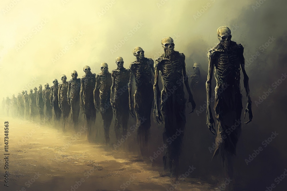 Fototapeta premium Skeletal figures walk desolate, dusty landscape.