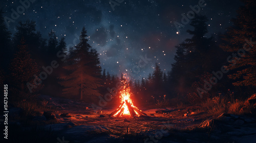 Fototapeta Naklejka Na Ścianę i Meble -  Glowing campfire in the middle of a forest under a starry night sky, perfect for adventure, camping, and outdoor-themed visuals