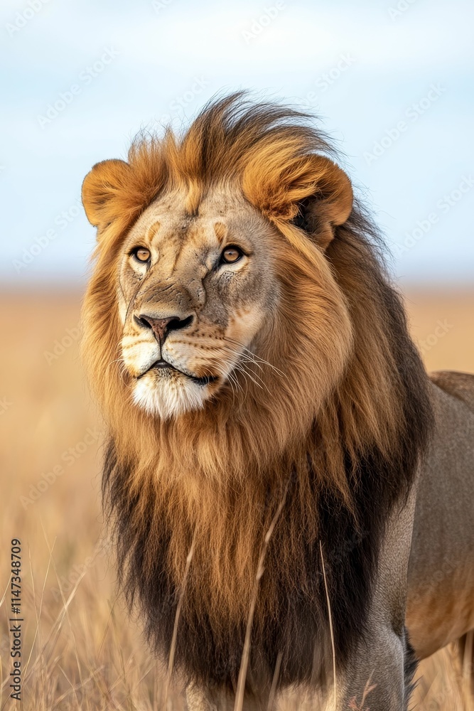 Majestic male lion, golden mane, watchful gaze. Majestic male lion, golden mane, watchful gaze.