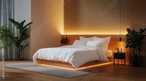 Modern Bed with Ambient Lighting, Warm Interior, 3D Rendered Bedroom Design AI Generated photo