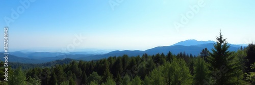 Tranquil mountain landscape with clear blue sky and lush green trees, scenic, green, trees