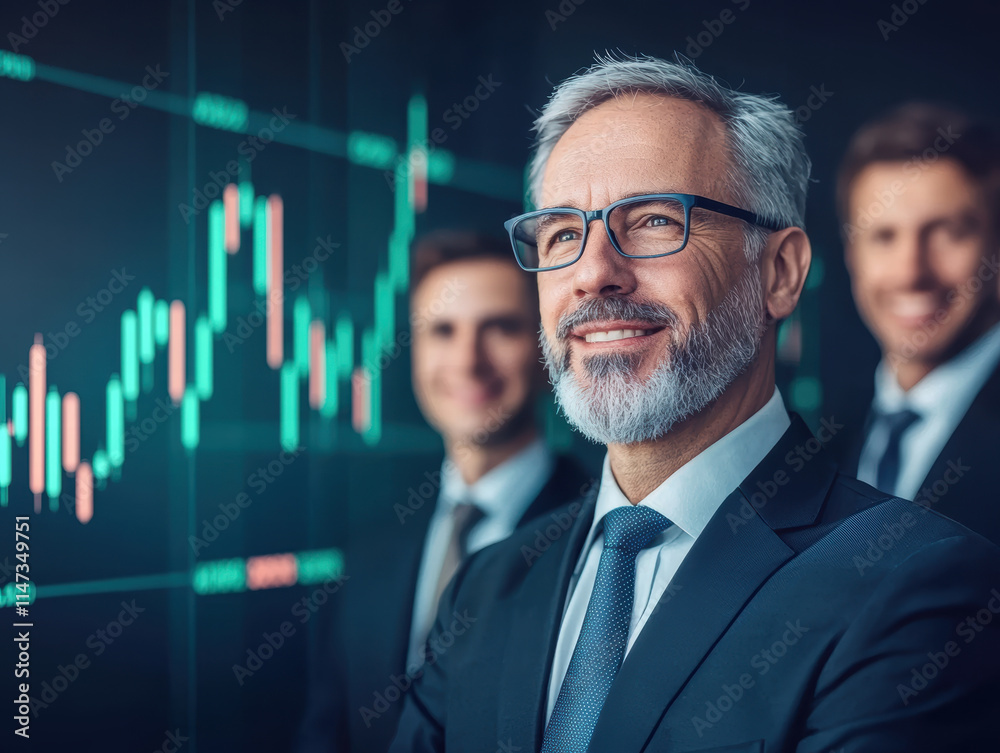 Professional men in suits smiling in front of stock market graph, showcasing confidence and success in business. atmosphere is positive and ambitious Professional men in suits smiling in front of stock market graph, showcasing confidence and success in business. atmosphere is positive and ambitious
