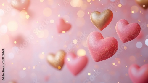 Colorful Hearts Floating in Soft Pink Background with Bokeh Effect