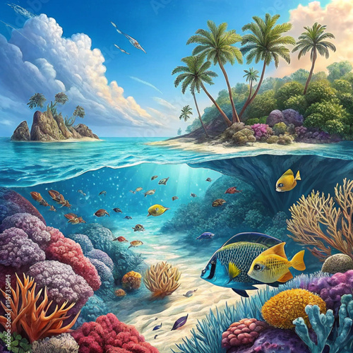 A Vibrant Coral Lagoon with Colorful Fish and Bright Blue Tropical Waters