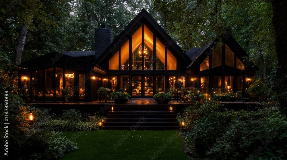 Fototapeta premium Illuminated A-frame house at night.