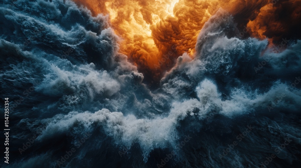 Fototapeta premium A dramatic scene of turbulent ocean waves illuminated by an intense orange glow, creating a striking contrast between water and light.