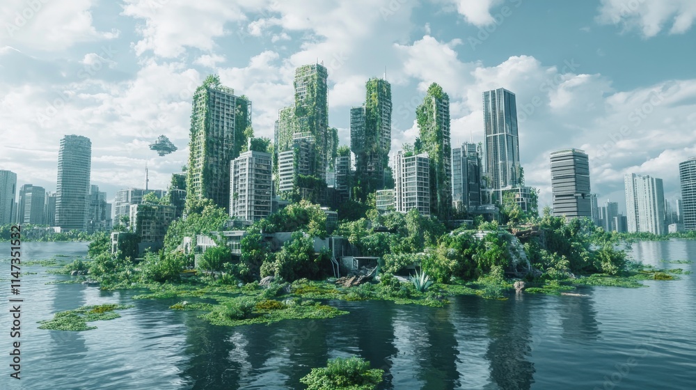 Fototapeta premium Overgrown futuristic city island in flooded waters.
