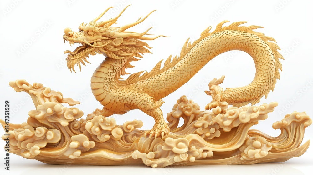 Obraz premium Intricate dragon sculpture, swirling waves, creamy beige.