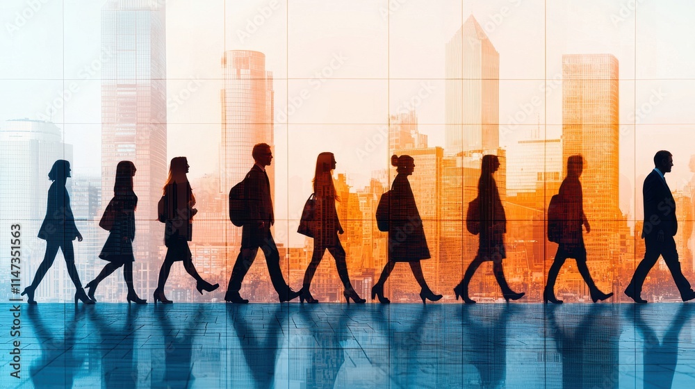 Obraz premium Silhouettes of people walking against a city skyline, symbolizing movement, progress, and urban life.