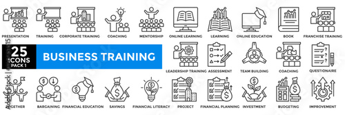 Business training icon collection set.Containing presentation,training,coaching,mentorship, online learning ,online education icon.Simple line vector illustration