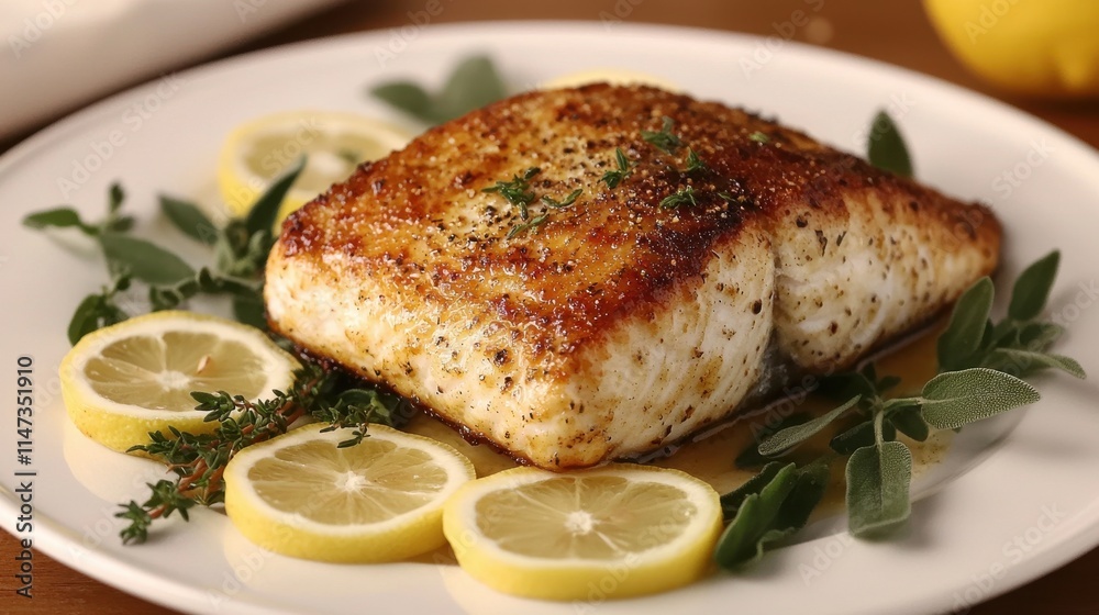 A beautifully presented fillet of fish garnished with lemon slices and fresh herbs on a white plate. A beautifully presented fillet of fish garnished with lemon slices and fresh herbs on a white plate.