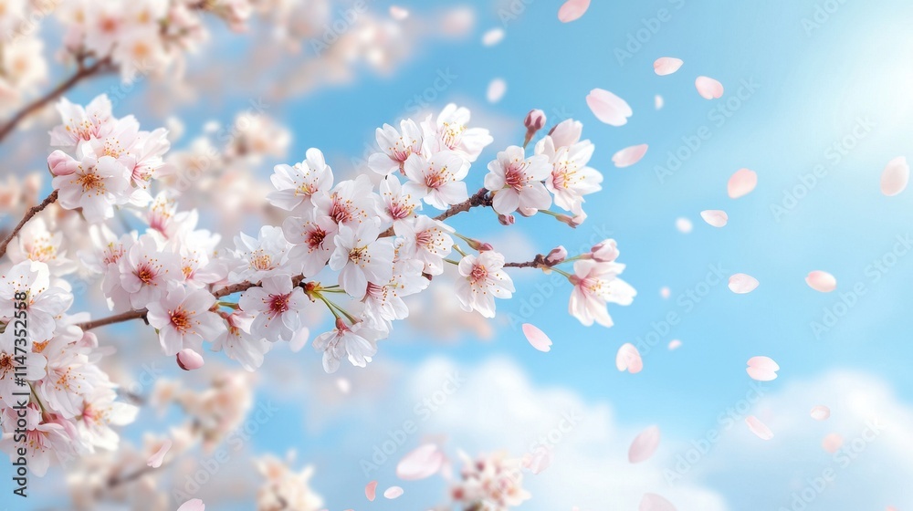 Delicate cherry blossoms bloom against a serene blue sky, with soft petals drifting gently in the breeze. Delicate cherry blossoms bloom against a serene blue sky, with soft petals drifting gently in the breeze.