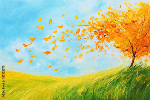 Vibrant autumn landscape with golden leaves swirling in the breeze. 