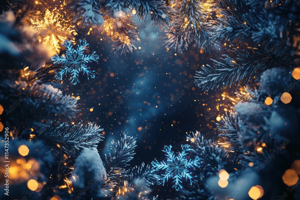 Fototapeta premium Enchanting Christmas Frame with Snowflakes and Sparkling Lights Capturing the Magic of the Holiday Season in a Cyberpunk Aesthetic