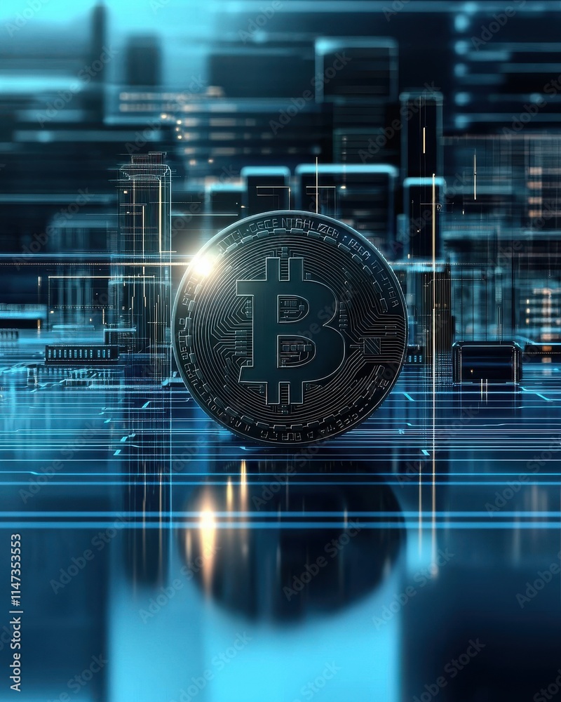Glowing cryptocurrency coin in a digital cityscape macro view futuristic environment technology concept Glowing cryptocurrency coin in a digital cityscape macro view futuristic environment technology concept