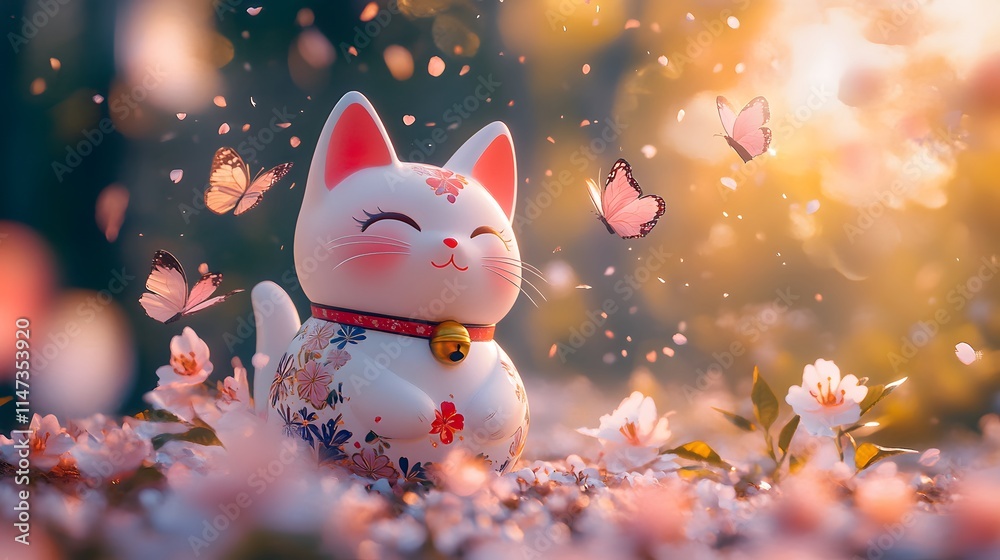 Obraz premium Adorable Maneki-neko Surrounded by Cherry Blossoms