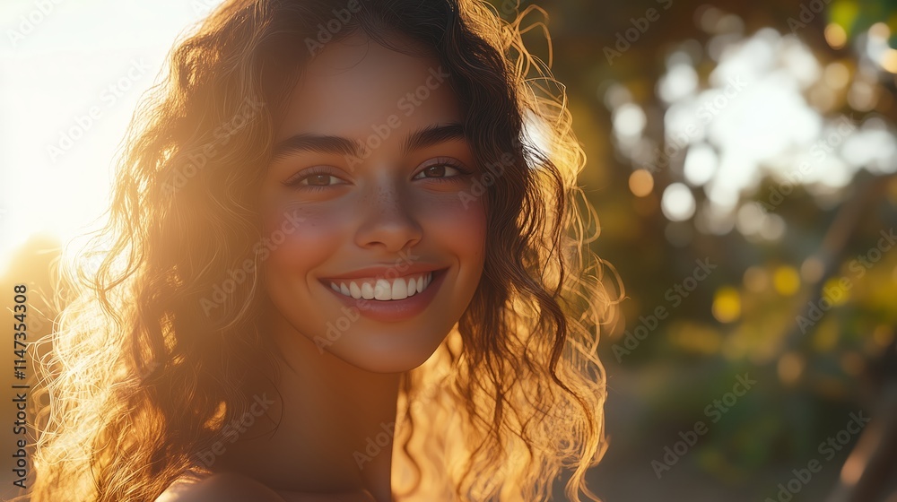 Golden Hour Glow: A Joyful Woman's Natural Beauty - Made with Generative AI Golden Hour Glow: A Joyful Woman's Natural Beauty - Made with Generative AI