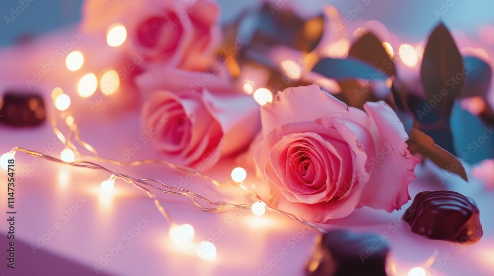 Romantic Pink Roses with Soft Lights and Chocolates on Table Romantic Pink Roses with Soft Lights and Chocolates on Table