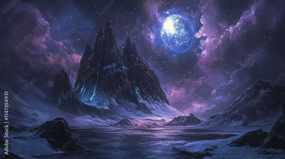 A mystical landscape featuring towering mountains under a starry sky and a glowing moon. A mystical landscape featuring towering mountains under a starry sky and a glowing moon.