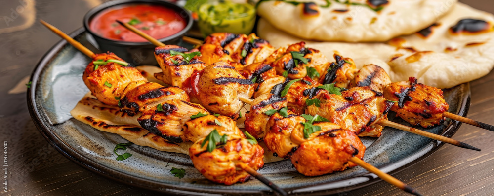 Grilled chicken skewers served with naan, salsa, and green chutney Grilled chicken skewers served with naan, salsa, and green chutney