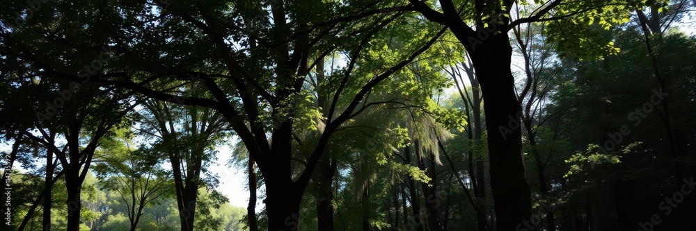 Fototapeta premium Sunlight filters through the dense canopy of trees in a tranquil forest, casting dappled shadows on the forest floor, peaceful, scene, shadows