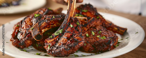 Delicious tandoori lamb chops served on white plate, garnished with herbs