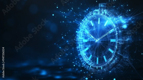 Low Poly Wireframe Timer or Stopwatch with Precision Detail, Sleek Geometric Design on Dark Blue Background, Isolated Layout Highlighting Time Management and Urgency in a Digital World