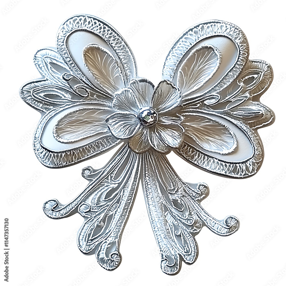 Intricate Silver Filigree Bow with Central Flower Detail.