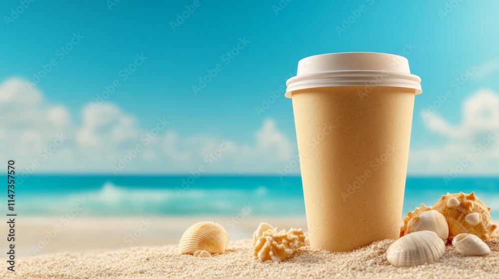 Coffee Cup on the Beach with Seashells and Ocean View. Generative AI Coffee Cup on the Beach with Seashells and Ocean View. Generative AI