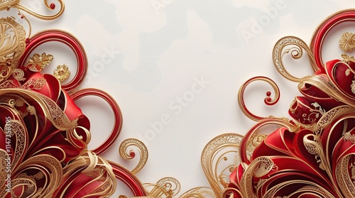 Bright red and gold New Year 3D decoration illustration banner template with intricate vintage ornate details and subtle noise texture arranged on a sharp plain white background
