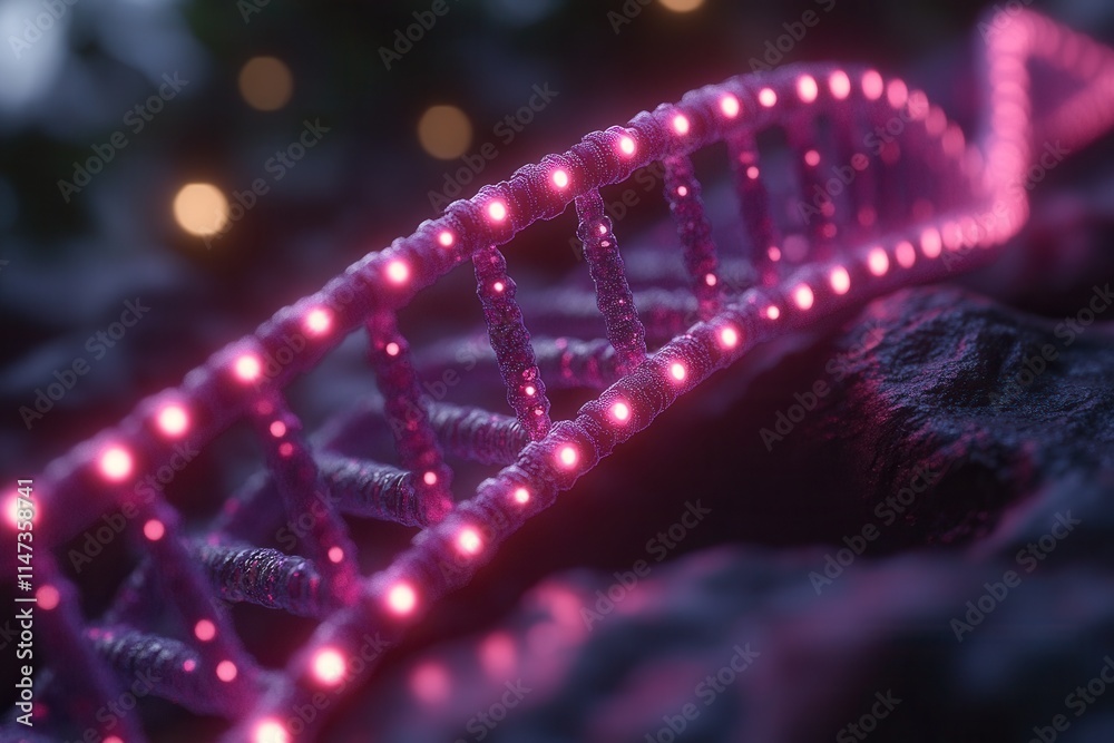 Obraz premium A glowing, abstract representation of a DNA strand with vibrant lights.