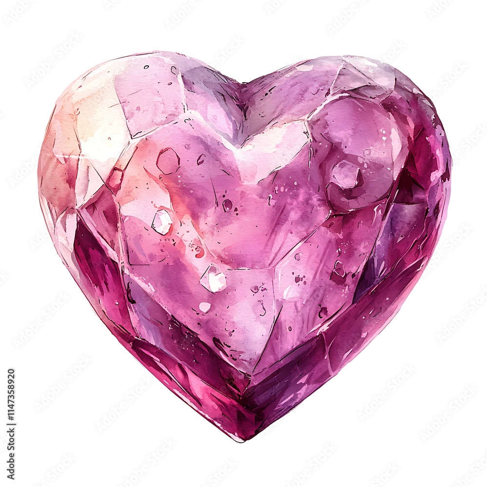 Watercolor painting of a pink heart-shaped gemstone, resembling a crystal or ruby, with facets and light reflections. Watercolor painting of a pink heart-shaped gemstone, resembling a crystal or ruby, with facets and light reflections.