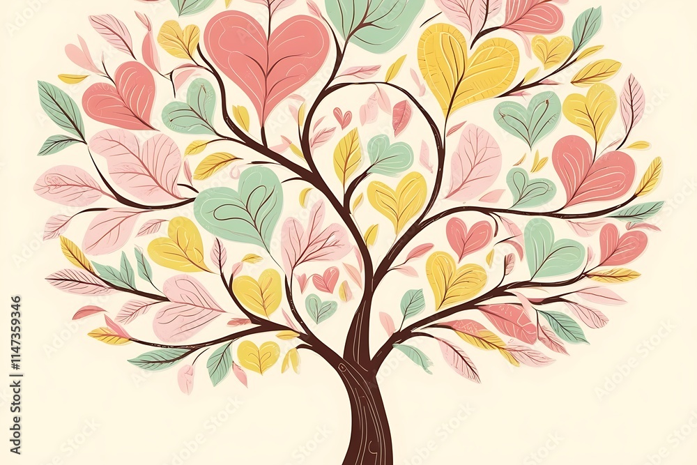 Obraz premium Valentine frame with colorful spring tree with hearts and flowers isolated on a white background.