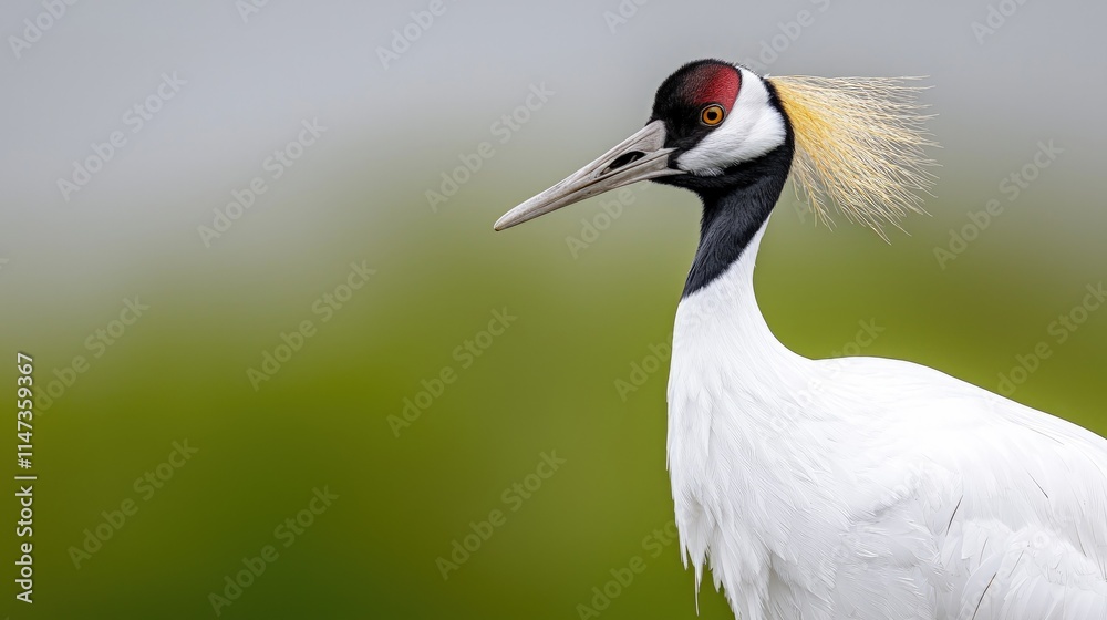 Fototapeta premium A red-crowned crane with a golden crest stands against a soft green background.