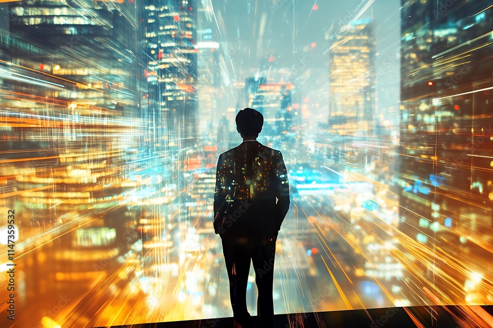 Businessman overlooking a vibrant city at night. Concept of vision, leadership, and urban success. Businessman overlooking a vibrant city at night. Concept of vision, leadership, and urban success.