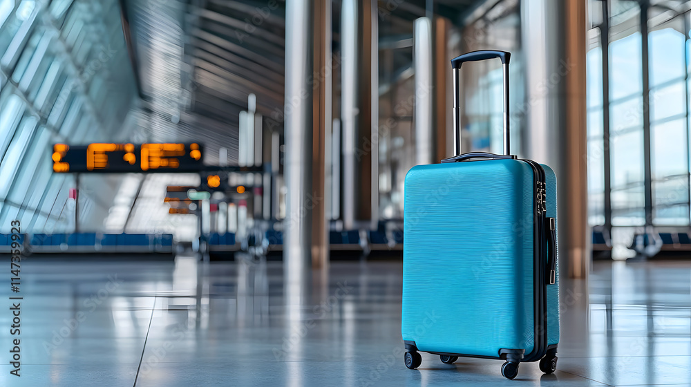 Blue Monday in workplace, office and lifestyle concept. Blue suitcase in an airport terminal with modern architecture. Blue Monday in workplace, office and lifestyle concept. Blue suitcase in an airport terminal with modern architecture.