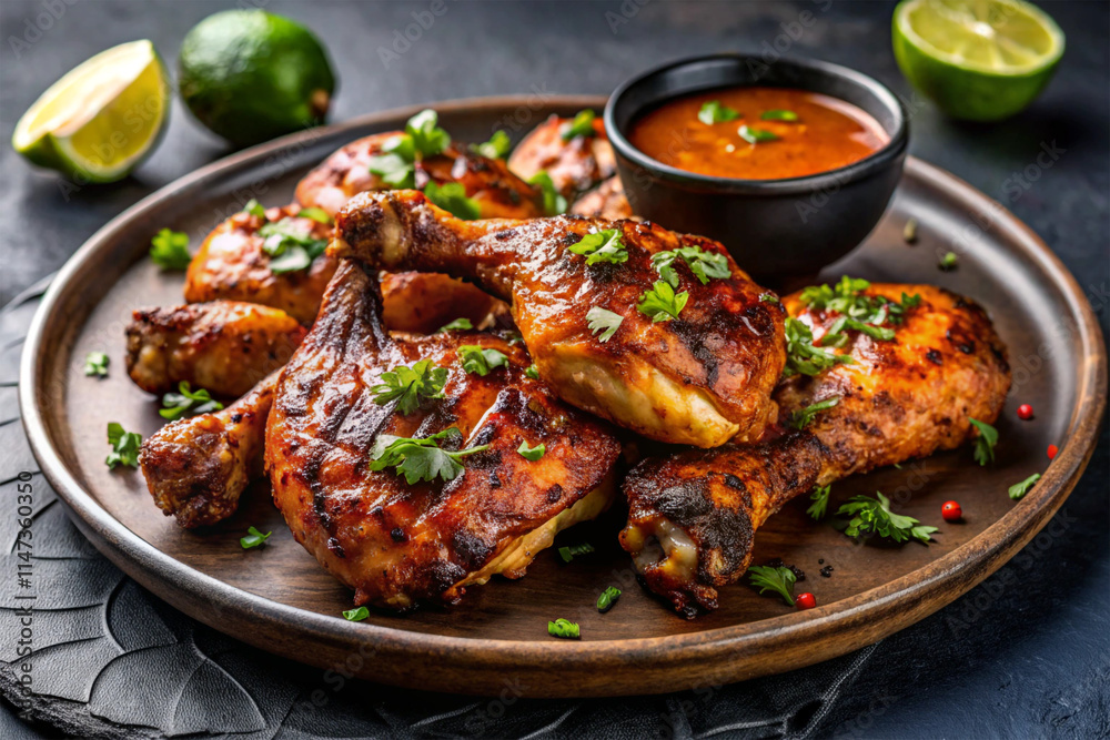 Grilled spicy chicken wings with ketchup on a black plate on a dark slate Grilled spicy chicken wings with ketchup on a black plate on a dark slate
