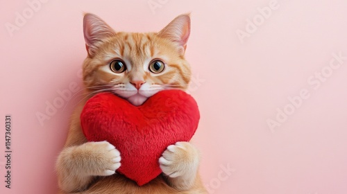 Cute Cat Holding a Red Heart on a Pink Background for Valentines
