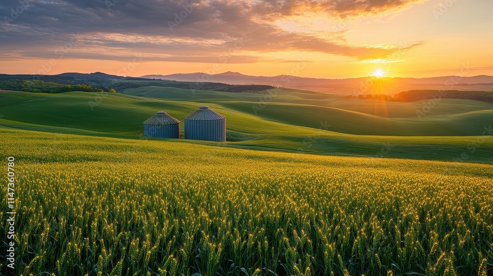 Sunrise over rolling hills, two silos sit in a vast wheat field. Illustrates agricultural abundance and the beauty of rural landscapes.