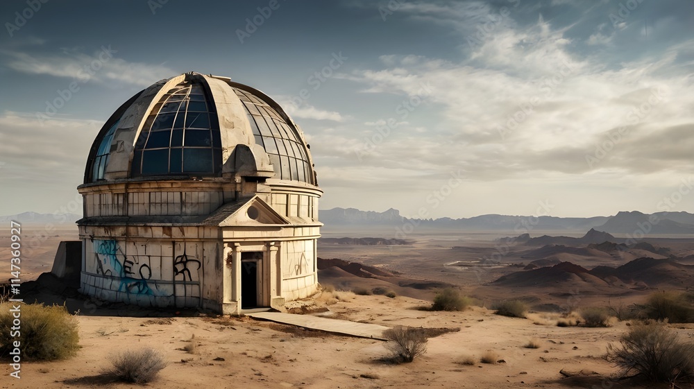 Obraz premium An old observatory with a cracked dome and graffiti-stained walls, overlooking a dry, dusty valley. 