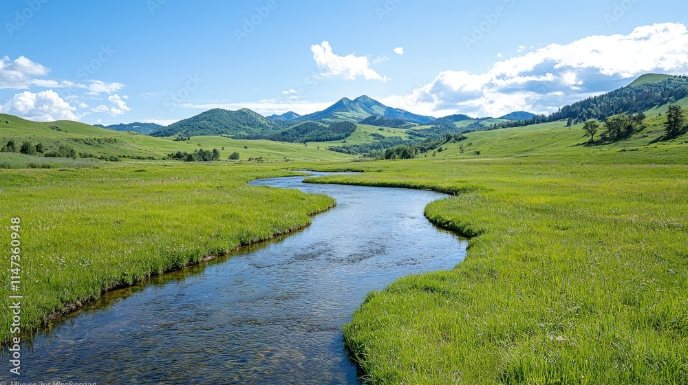 Serene river meandering through vibrant green meadow, nestled amongst rolling hills and mountains under a bright summer sky.