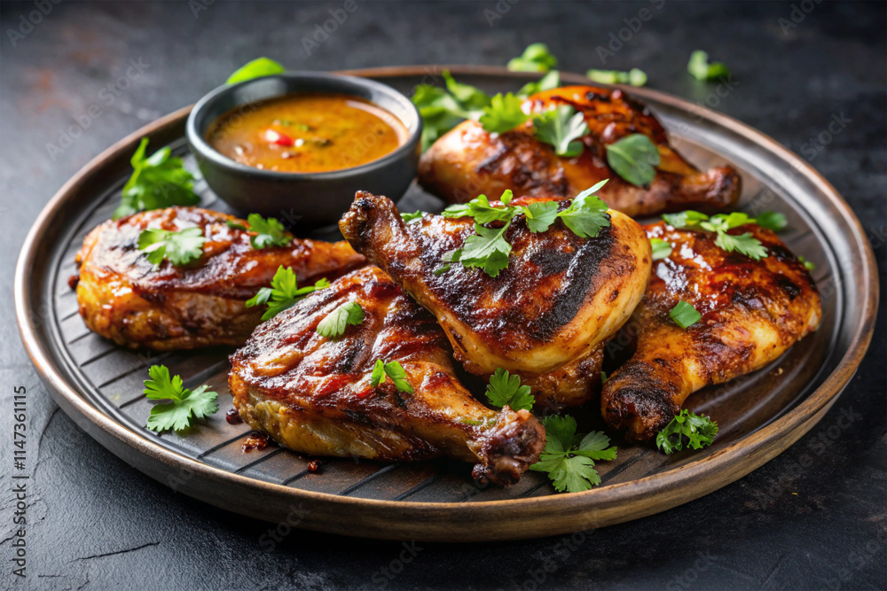 Grilled spicy chicken wings with ketchup on a black plate on a dark slate Grilled spicy chicken wings with ketchup on a black plate on a dark slate